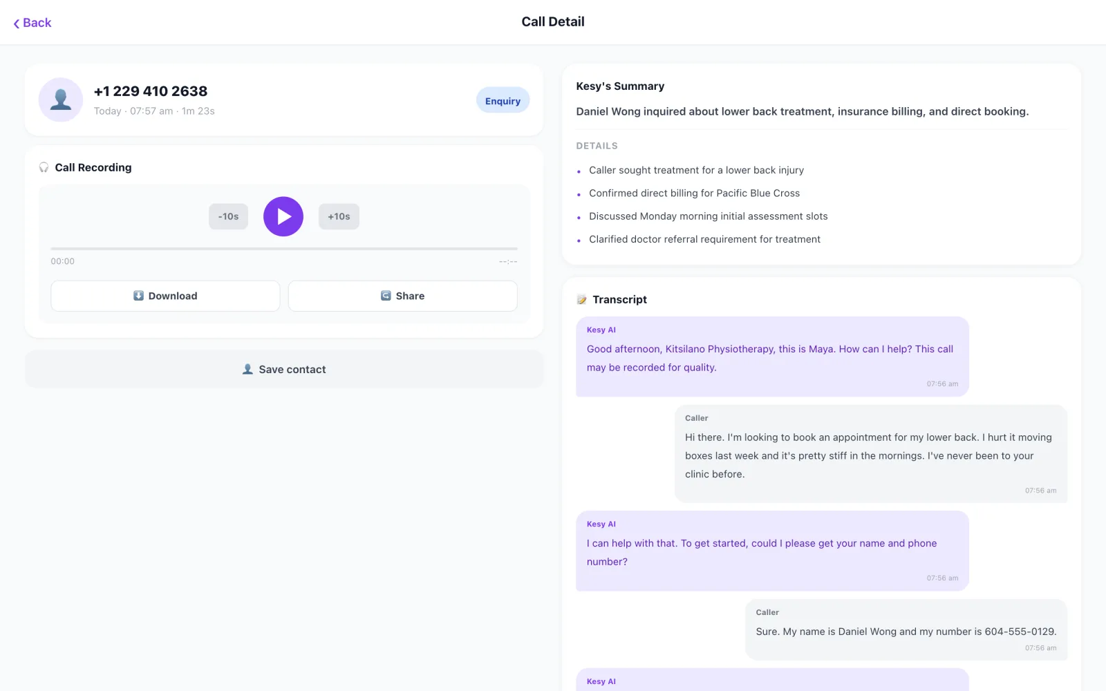 Kesy call detail with AI summary, recording and transcript