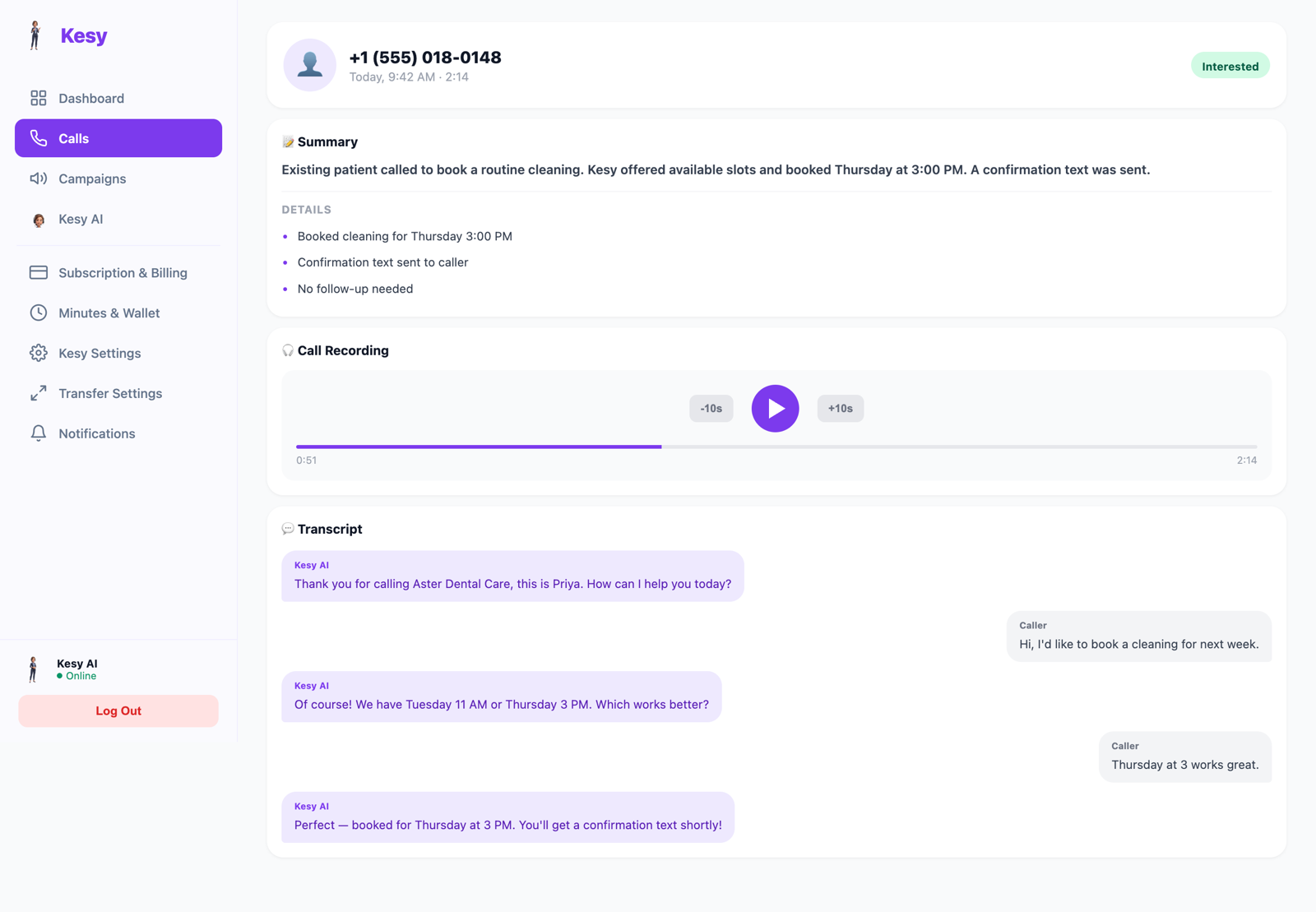 Call detail page with AI summary, call recording player, and the full conversation transcript between Kesy and the caller