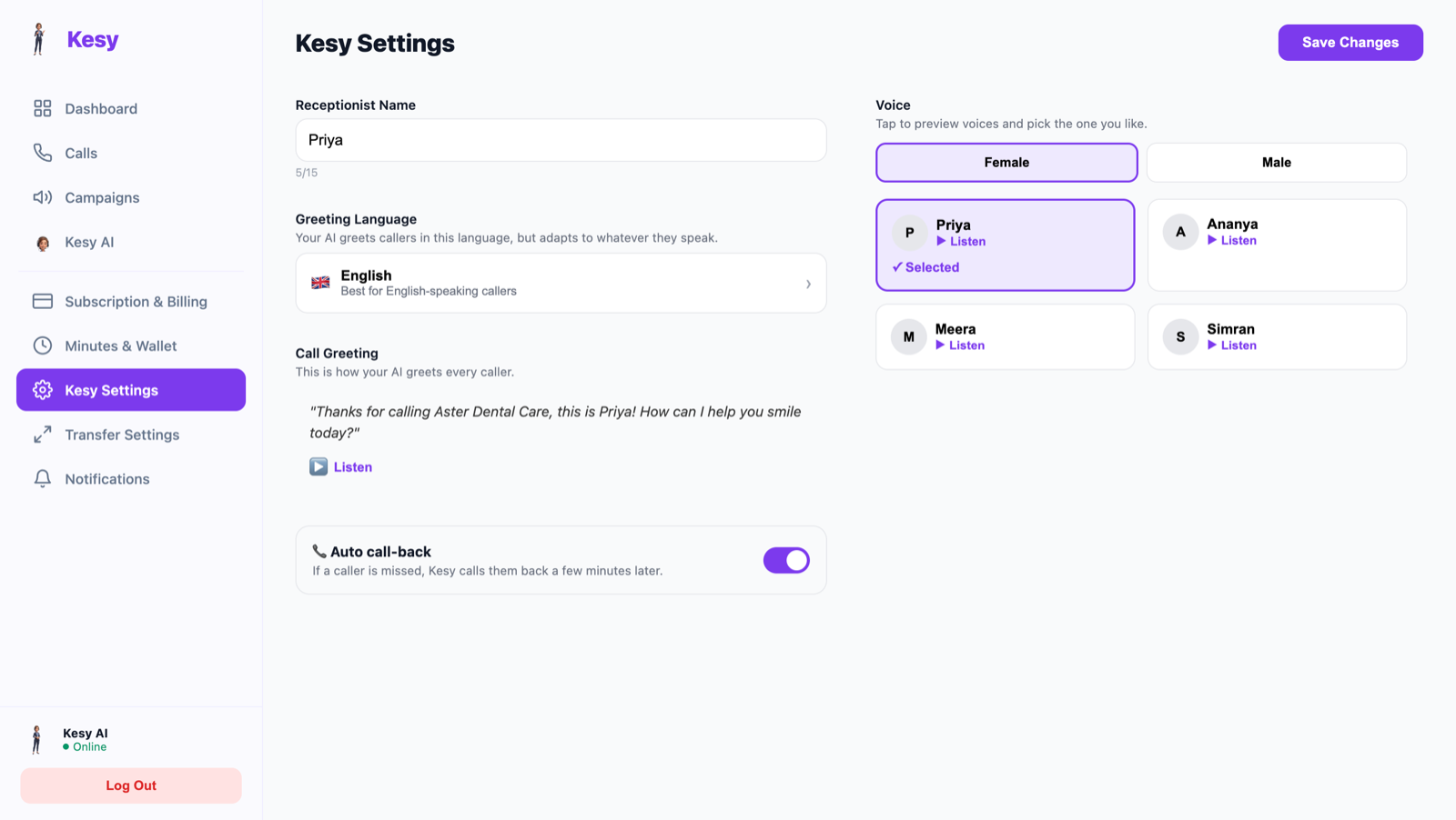 Kesy settings — choose the receptionist name, greeting language, call greeting, and pick a voice