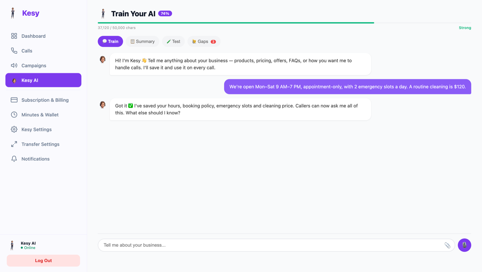 Train Your AI screen — chat with Kesy to teach it your business, with a knowledge strength meter