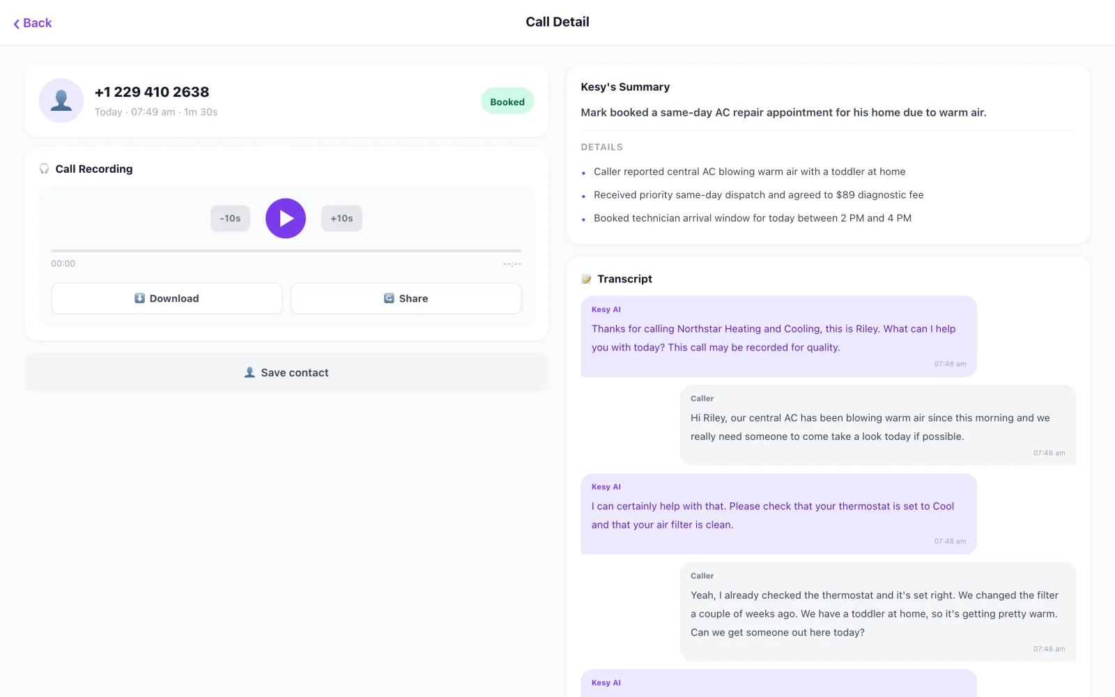 Kesy call detail with AI summary, recording and transcript