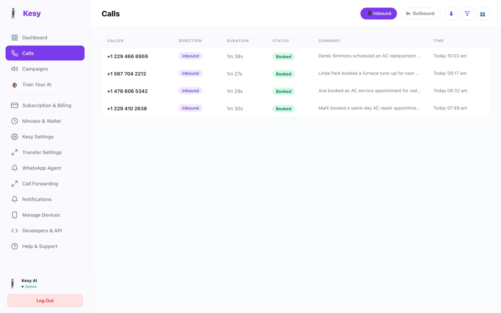 Kesy every call, logged screen