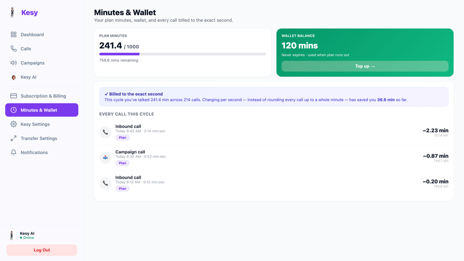 Minutes and wallet page with a call-by-call usage ledger, billed to the exact second, showing how much per-second billing saved